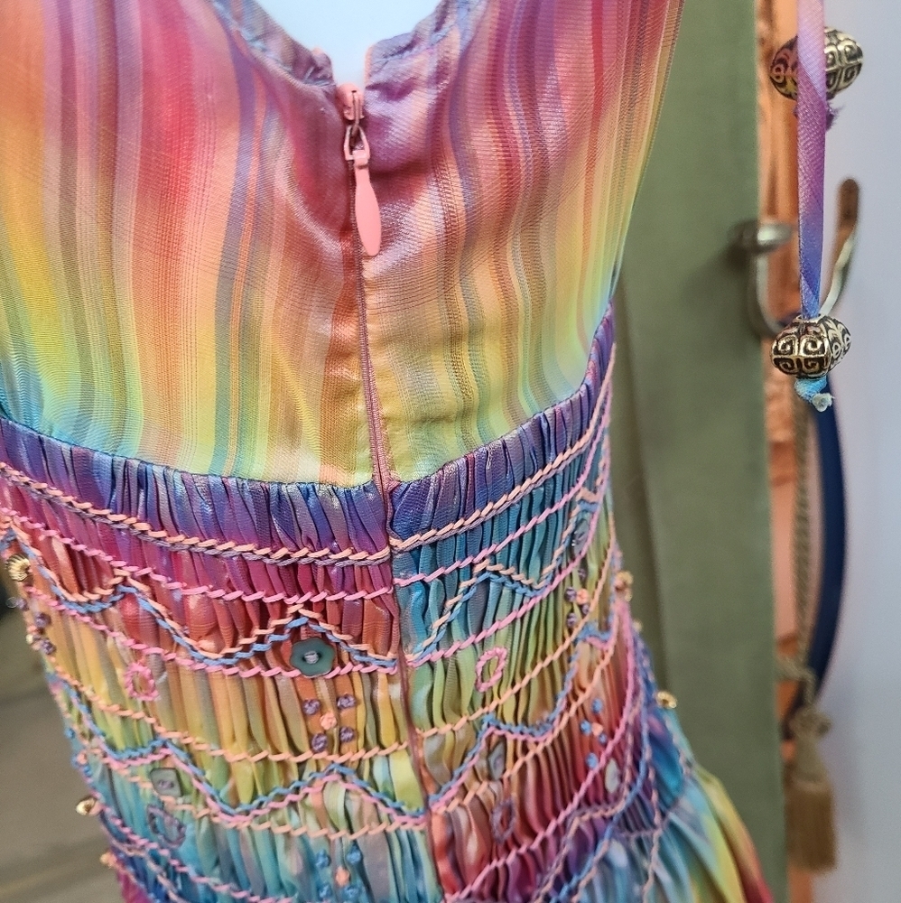 💥RUNWAY Matthew Williamson 100% Silk Colorful Beaded Embroidered Dress Size 6 - Picture 5 of 16